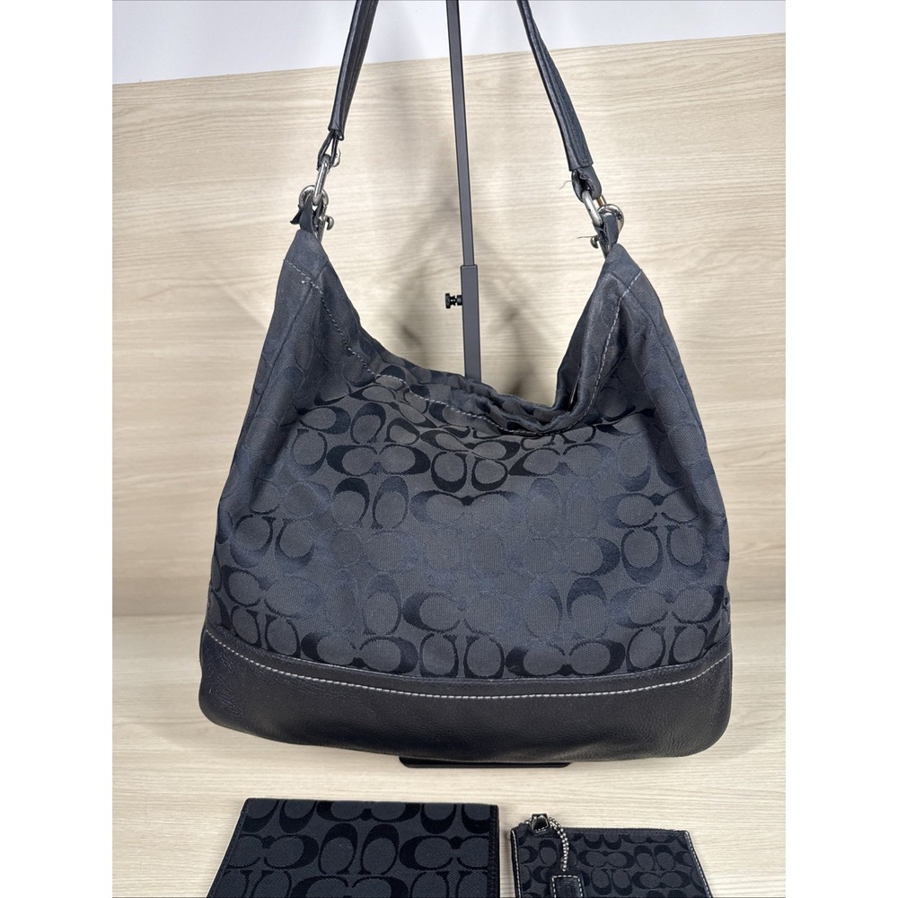 COACH Authentic Black & Silver Monogram Handbag‎ Satchel Purse 23279 Slouchy - Picture 4 of 12